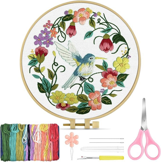 TINDTOP Embroidery Kit for Beginners Adult, Hummingbird Embroidery Kit | Include Embroidery Cloth Hoops Threads for Craft Lover Hand Stitch with Embroidery Skill Techniques