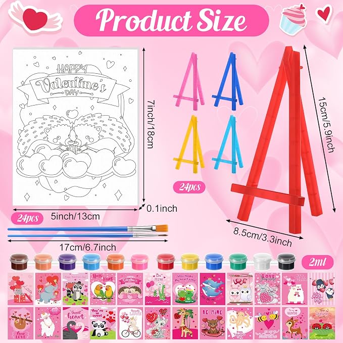 Blosssound 24 Pack Valentine's Day Pre Drawn Canvas to Paint Pre Printed Canvas Painting Kits Bulk with Easel Paint Pots Brushes for Adult Sip Party Beginner Birthday DIY