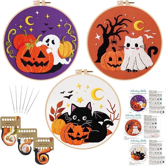 Nuberlic 3 Pack Halloween Embroidery Kit for Beginner Adults