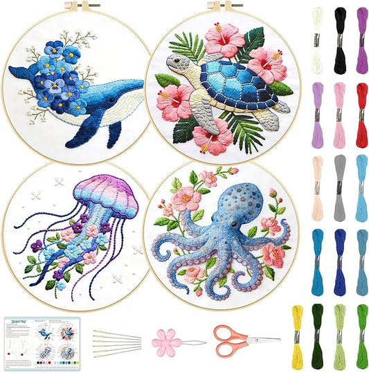 BEUNITONE 4 Pack Beginner Embroidery Kit for Adults, Marine Animals Flowers Pre-Stamped Pattern Needlepoint Kits with Hoops & Instruction, Handmade Embroidery Kits for Fabric and Home Decor 7.9x7.9