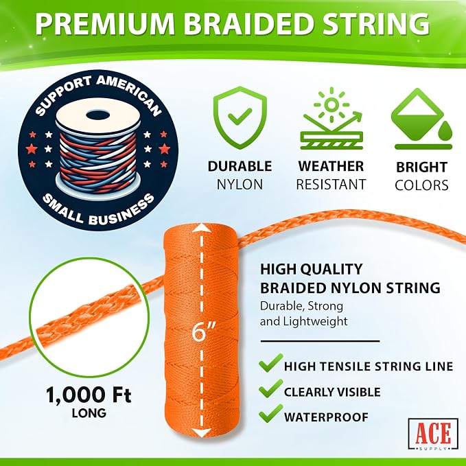 Orange Mason Line String Line - #18 Braided Nylon String - 6,000 Ft Length - Nylon Twine for Gardening Or Masonry Tools - Perfect Construction String for A String Level, Twine String for Gardening
