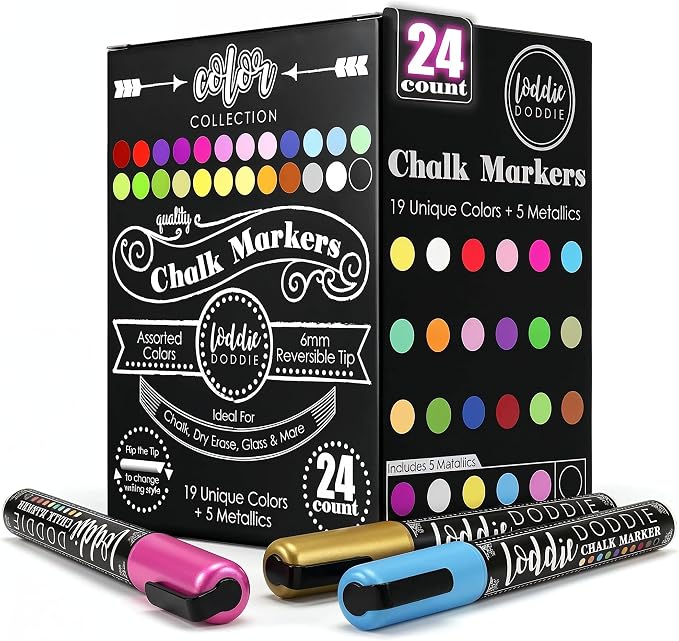 Loddie Doddie Chalk Markers, Liquid Chalk Pens, Reversible Tips, 24 Pack | More Coverage & Color Changes, 6mm Reversible Tips, Extra Tips, Erasable Chalk Markers for Blackboard, Chalkboard Markers