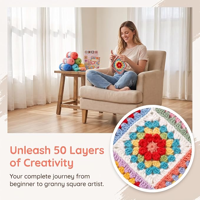 Katech Crochet Kit for Beginners, 50 Floral Granny Square Kits for Adults