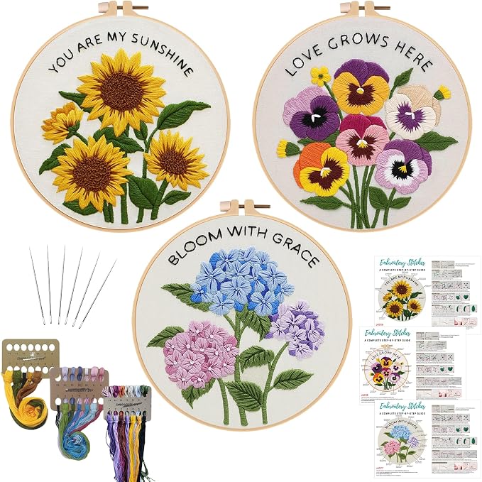 Nuberlic 3 Pack Embroidery Kit for Beginners, Floral Cross Stitch Kit