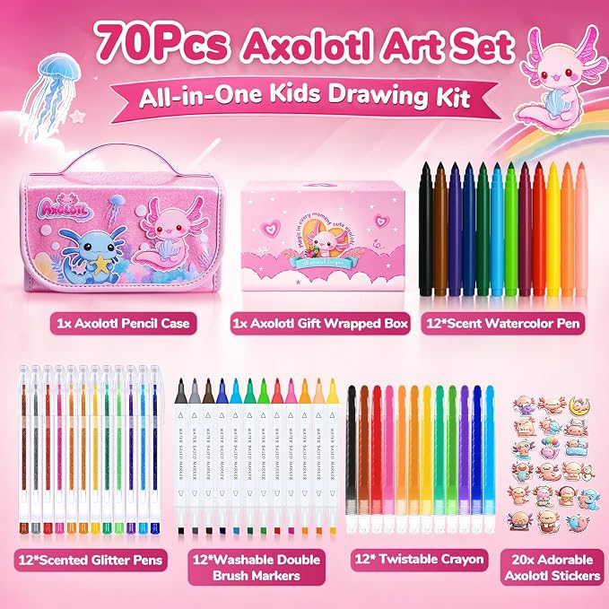 DreamyCandy 70 Pcs Washable Markers Set for Kids 4-8, Axolotl Art Set Gifts