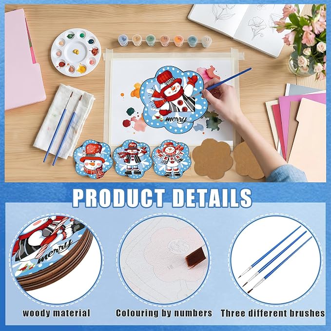 6 Pack Christmas Paint by Numbers Kits Coasters with Holder Cork Pads | Cute Mini Snowman Paint by Numbers Kits for Aldults, Special Shape Oil Painting Coaster for Small DIY Craft Holiday Gifts