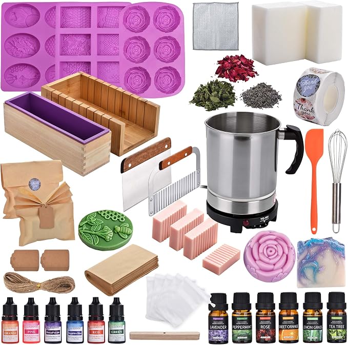 Soap Making Kit All-in-One DIY Soap Making Supplies for Adults | Removable Melter Pot, Goat Milk Soap Base, Dyes, Essential Oil & Fragrances, 3 Silicone Molds, Cutters, Silicone Loaf Molds