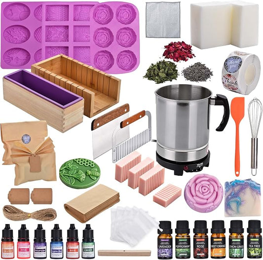 Soap Making Kit All-in-One DIY Soap Making Supplies for Adults | Removable Melter Pot, Goat Milk Soap Base, Dyes, Essential Oil & Fragrances, 3 Silicone Molds, Cutters, Silicone Loaf Molds
