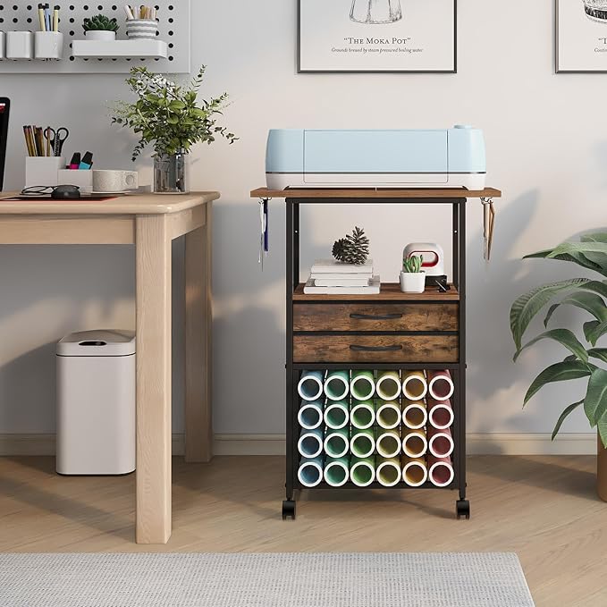 VENNQD Organizer and Storage Stand Compatible with Cricut Machines,Rolling Storage Cart/Shelf with 24 Vinyl Roll Holders，2 Fabric Drawer,Accessories Holder,Tool Hook for Craft Room Home (Rustic Brown)