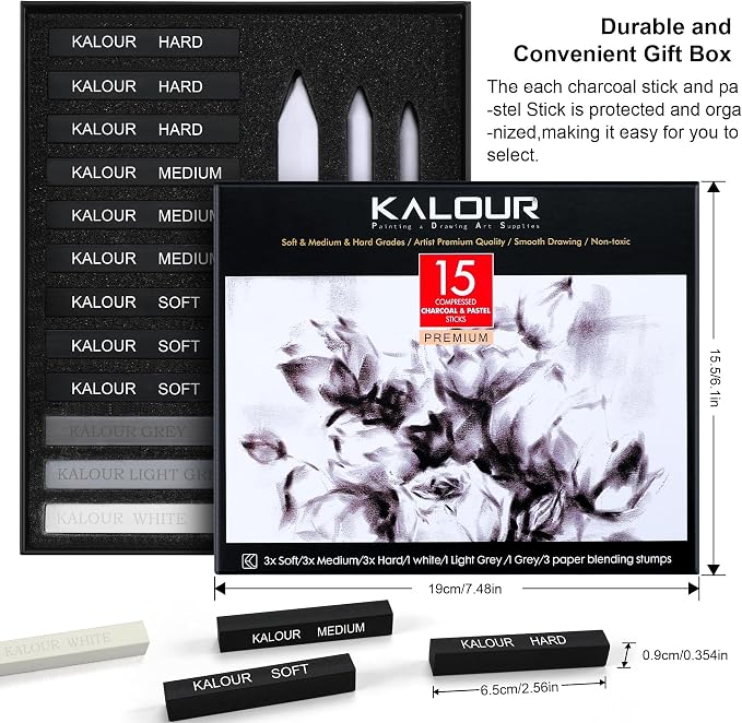 KALOUR 15 Pro Compressed Charcoal Drawing Set with Blending Stumps- Soft,Medium,Hard and White Charcoal - Charcoal Sticks for Drawing Sketching Shading - Art Supplies for Artists Beginners Adults