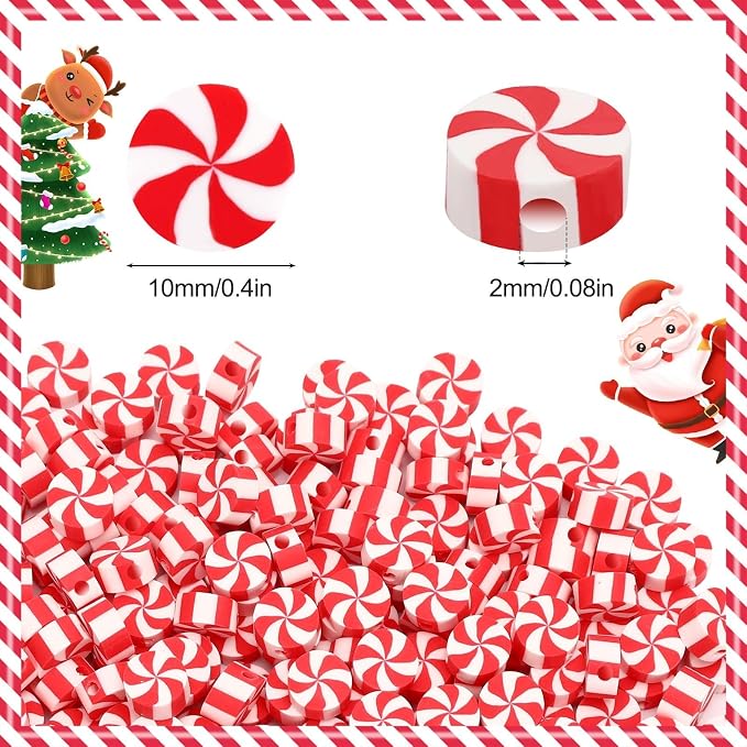 Augshy 300Pcs Peppermint Candy Clay Beads,Christmas Red and White Round Polymer Clay Beads for Jewelry Making Xmas Crafts fBracelets Necklaces Earrings and Holiday