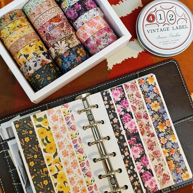 21 Rolls Yellow Floral Washi Tape Set - Retro Sunflower/Daisy/Rose Pattern Decorative Tape for Scrapbooking, Journaling, Junk Journal, Craft Supplies, Romantic Aesthetic Gift for Handmade Lovers