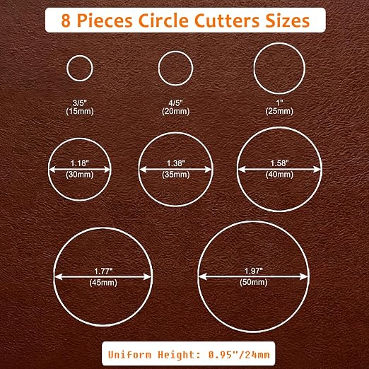 Leather Circle Cutter Tool Set, 8 Pieces Circle Punch Tools 15 20 25 30 35 40 45 50mm, High Carbon Steel Round Cutting Dies - Leather Hole Punch Tool Kit for DIY Leathercrafts