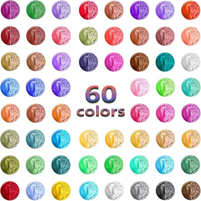 60 Color Natural Cosmetic Grade Shimmer Mica Powder。Resin Pigment | ﻿ For Epoxy Resin/Bath Bombs/Candle/Quicksand/Soap/Lip Gloss/Slime. Candle Dye,Soap Making Dye