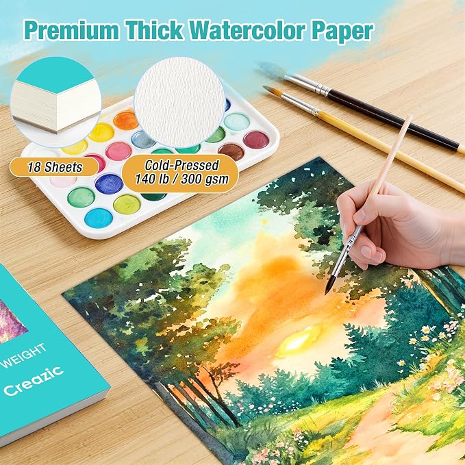 Creazic Watercolor Paper Pad, 9"x12" Water Color Paper (140lb/300gsm, 18 Sheets) - Artist Grade for Watercolor, Acrylic, Gouache & Drawing - Art Sketchbook, Watercolor Journal for Adults & Kids, Teal