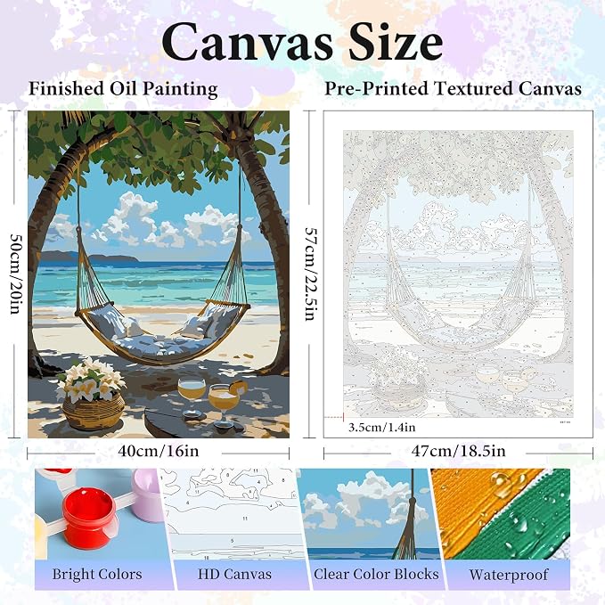 Paint by Numbers Kit for Adults, Hammock Beach Number Painting Canvas Kit | DIY Acrylic Painting Set for Beginners, Stress Relief Relaxing Craft, Home Wall Decor, Holiday Gift for Adults, 16x20 Inch