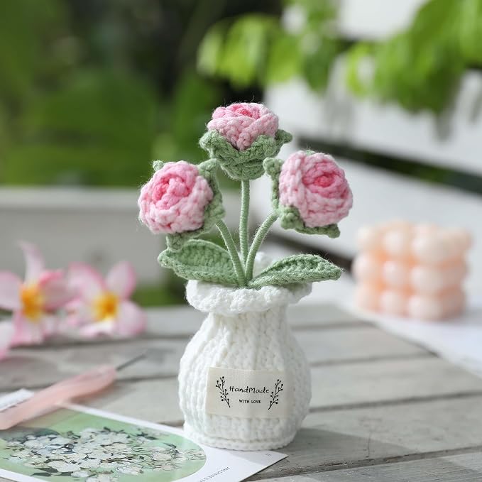 Crochet Rose Flower Potted Plant – Pink, for Her, Handmade Knitted Romantic Desk Decor