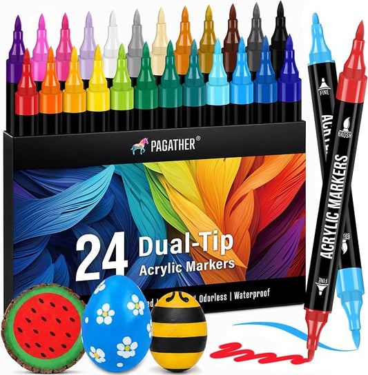 Pagather Acrylic Paint Markers, 24 Colors Dual Tip Fine & Brush Pens Set | For Rocks, Fabric, Wood, Glass & More, Perfect for DIY Crafts and Creative Art Projects with Bright, Smooth and Quick-Dry Ink
