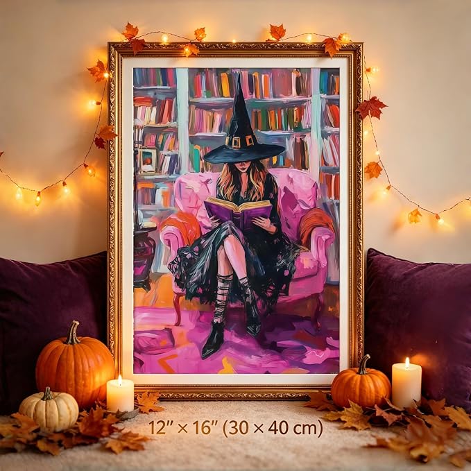 Halloween Witch Book Paint by Numbers Kit for Adults Beginners 12x16In | Easy Adult Paint by Number Kits On Canvas, DIY Acrylic Oil Painting Kits for Halloween Home Wall Decor