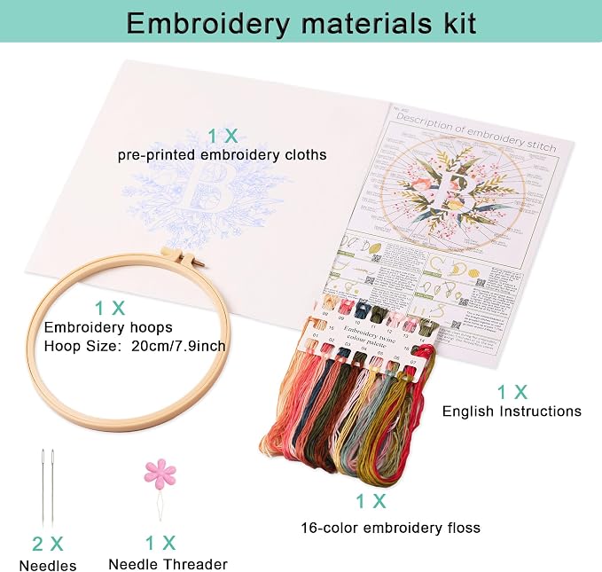 Harimau Letter B Pattern Embroidery Kit for Adult Beginners, Complete Starter Pack with 1 Hoop, Needles, Instruction Guide & Embroidery Stitch Video Tutorials