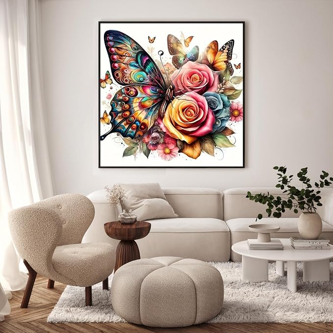 Framed Paint by Numbers Kit for Adults, Butterfly & Roses, 10 x 10 Inch | DIY Adult Paint by Number Kit for Beginners, Floral Wall Decor, Stress Relief Craft Gift, Creative Hobby