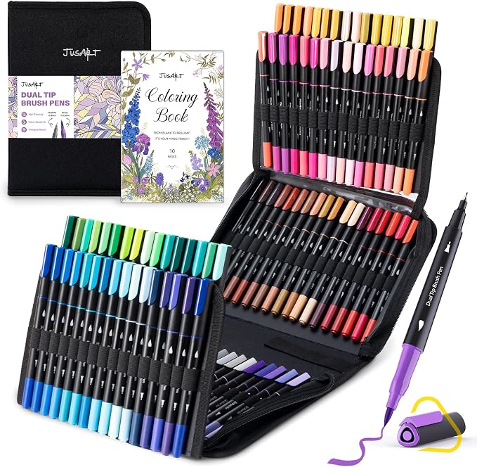 JusArt Markers for Adult Coloring Books No Bleeding, 100 Colors | Dual Tip, Triangle Grip, Fine & Brush Tips, Water-Based, 33% More Ink, With 200gsm Coloring Book, Storage Case, 6 Spare Tips