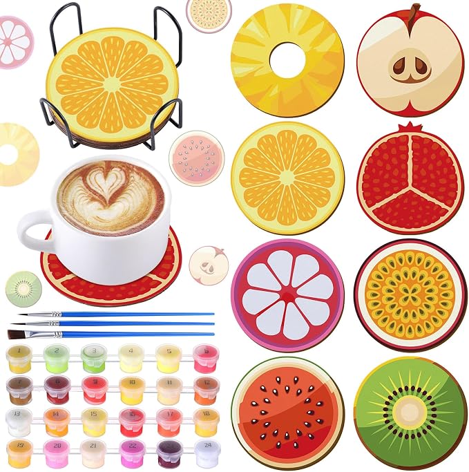 Reallnaive 8 Pcs Fruit Paint by Numbers Kit for Adults Wooden Coasters | Mini Paint by Numbers, Tiny Round Oil Painting Drink Coaster with Holder, for Small DIY Craft Birthday Gift