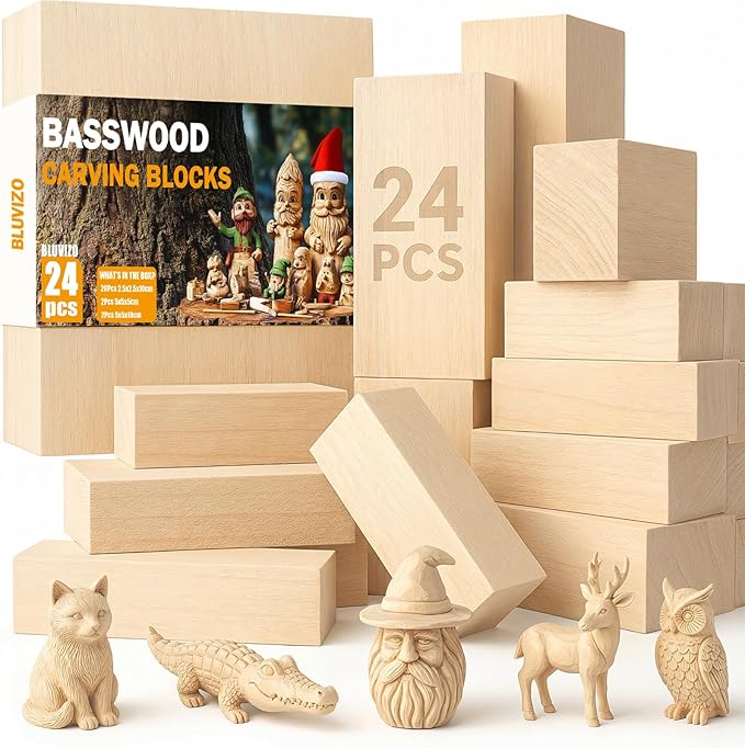 Basswood Carving Blocks 24 PCS: Whittling Wood Blanks in 3 Different Sizes