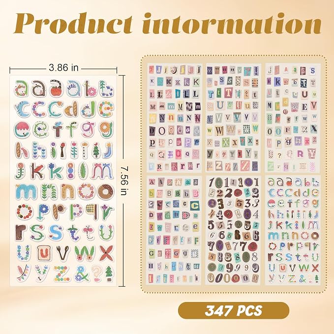 347PCS Letter Stickers for Scrapbooking, DIY Crafts Gift Junk Journal | Vintage Scrapbook Stickers with Retro Letters and Numbers, Waterproof Vinyl Design for Junk Journals, Diy Crafts and Albums.