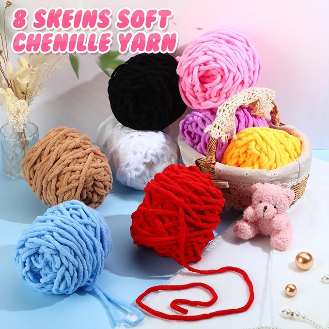 Buryeah 8 Pack Chunky Chenille Yarn for Crocheting, Simple Colors