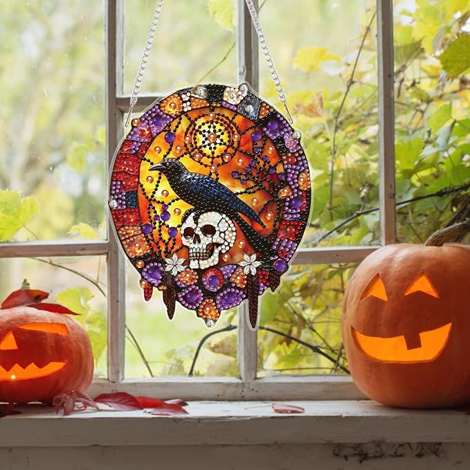 Bowetile Stained Glass Crow Diamond Art Hanging Kits for Adults, Gothic Diamond Art Suncatchers Skull, 5D Halloween Diamond Painting Pendant Window Ornament Gifts for Home Door Wall Decor