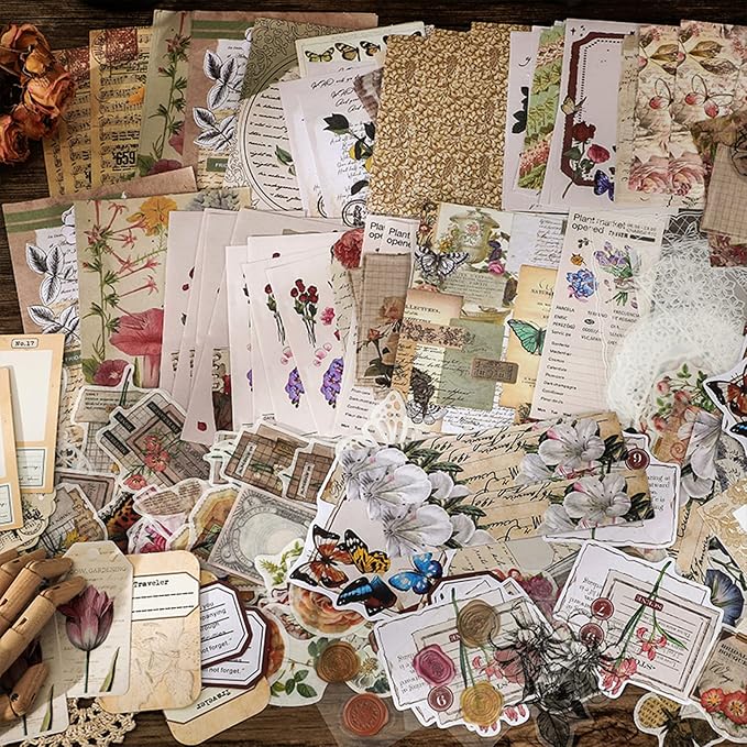 Esweny 260PCS Vintage Journaling Scrapbooking Supplies Scrapbook Sticker Paper Ephemera Pack for Junk Journal Planners Collage Craft Notebooks Album (Flowers and Butterflies)