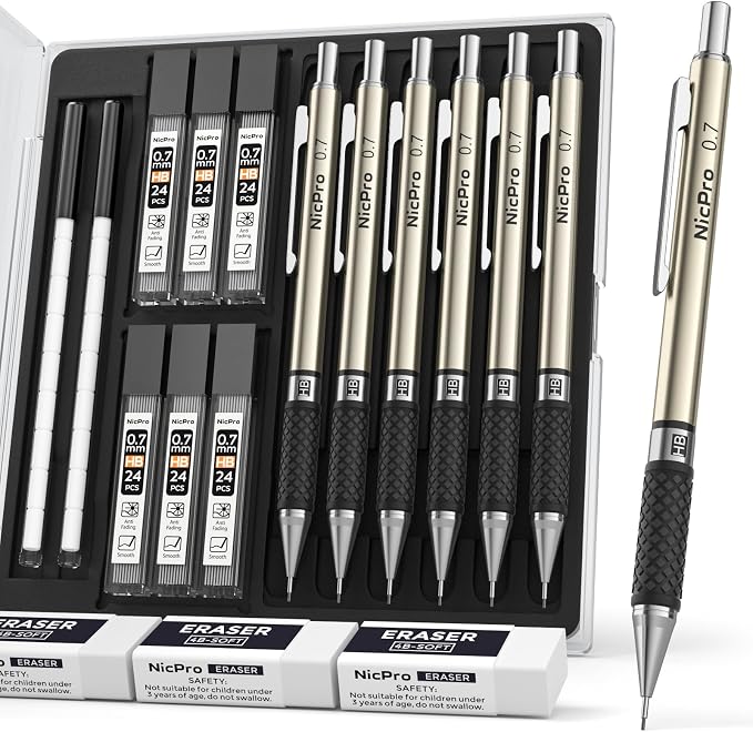 Nicpro 0.7 mm Art Mechanical Pencils Set in Storage Case, 6 PCS | Metal Drafting Pencil Lead Pencil+6 Tube Lead Refills, Eraser, Comfort Grip For for School Writing, Artist Drawing Sketching