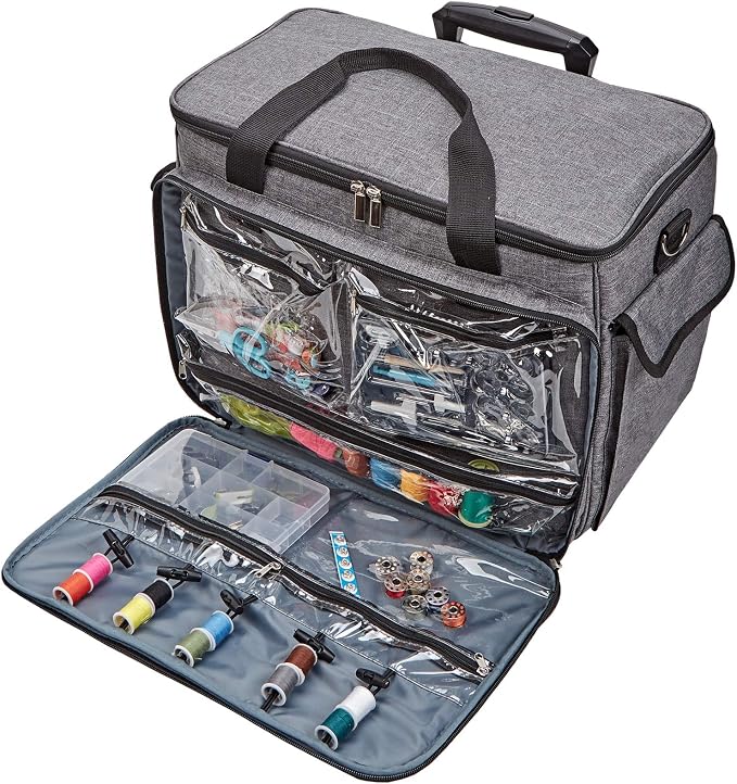 HOMEST Deluxe Sewing Machine Case with Wheels, Rolling Trolley Tote