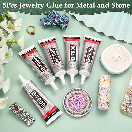 B7000 Glue Clear with Precision Tip for Rhinestones, 5Pcs 50mL/1.68 fl oz | Strong Adhesive Jewelry Bead Gem Glue, Quick Dry Bedazzling Glue for Jewelry Making Repair Fabric Clothes Shoes DIY Crafts