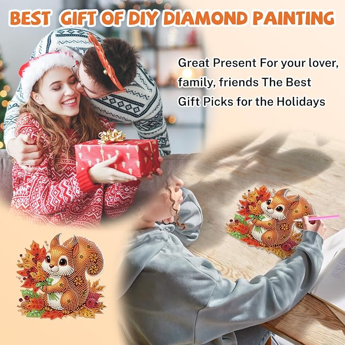 Bowetile Fall Squirrel Diamond Art Hanging Kits for Adults, Diamond Art Suncatchers Maple Leaf, 5D Special Shape Autumn Diamond Painting Pendant Window Ornament Gifts for Home Door Wall Decor