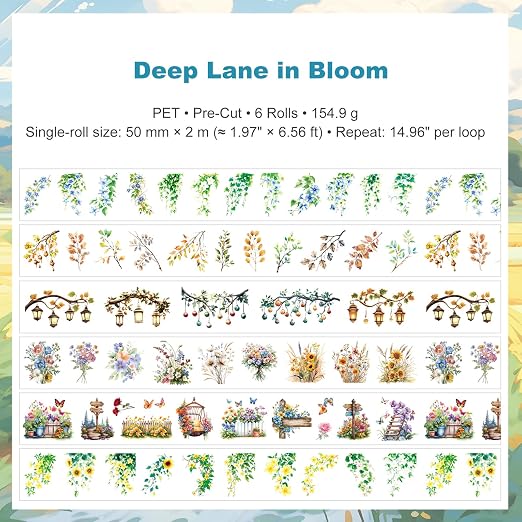 Deep Lane in Bloom PET Pre-Cut Floral Tape Set - 6 Rolls Transparent Garden Sticker Strips + 1 Clip for Scrapbook Journals Junk Journal Collage DIY Décor