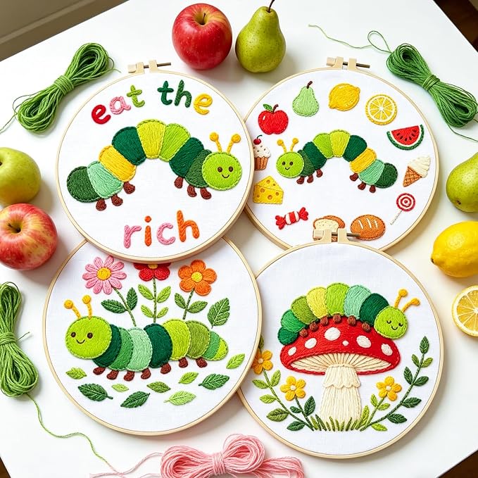 BEUNITONE 4 Set Embroidery Kits for Beginners with Easy Caterpillar Pattern, DIY Craft Kits Include Instructions and 2 Embroidery Hoops, Cross Stitch Needlepoint Kits for Craft Lover and Home Decor