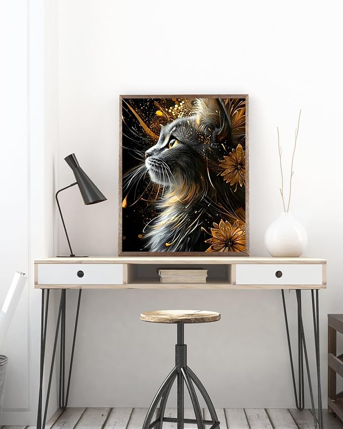 Black Cat Diamond Art Kits for Adults, 5D Diamond Painting for Adult Beginners, DIY Full Drill Round Gem Painting Dot Art for Adults, Home Wall Decor 11.8x15.7 Inch