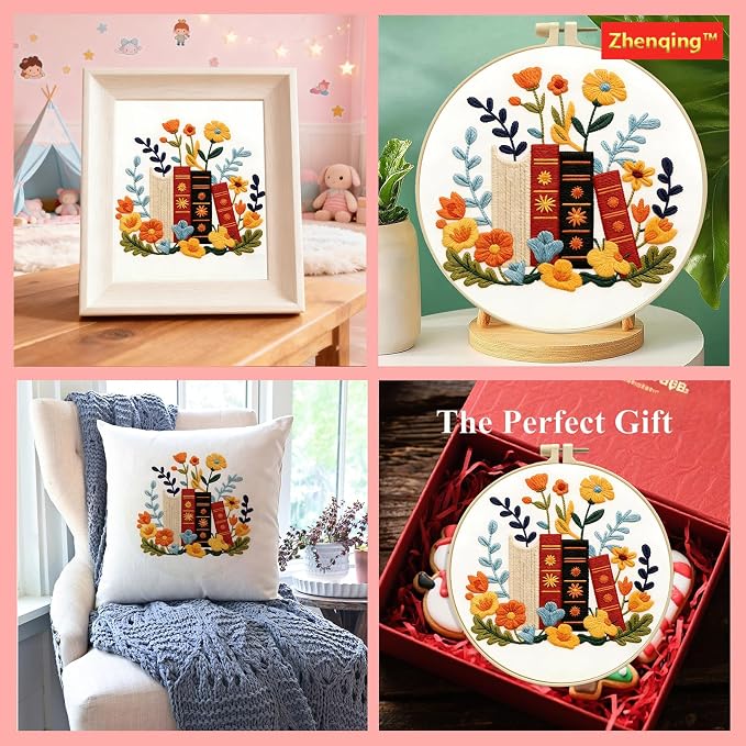 Zhenqing Book Lover Embroidery Kit for Beginners, Floral Book Stack Needlework Craft with Pre-Printed Cotton Fabric, Hoop, Threads & Tools, Reading Decor (C0071)