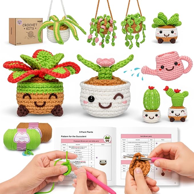 Mewaii Crochet Kit for Beginners, 9 Pack Plant Kit Craft Set | 40% Extra Yarn, Video Tutorial, Pre-Started Piece, Beginner Friendly, Family Craft Gift for Adults & Kids