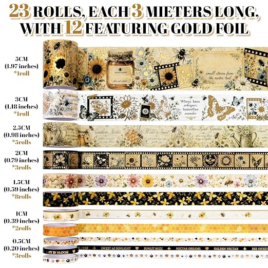 Bee Washi Tape Set 23 Rolls - 7 Sizes | Decorative Tape for Junk Journal Supplies, Scrapbook, Planner