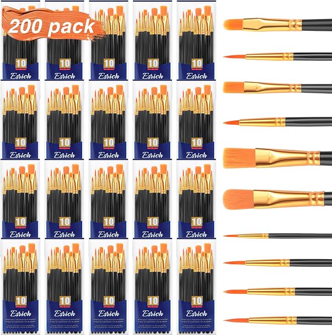 ESRICH 200PCS Paint Brushes, Paint Brush for Acrylic Painting | Artist Paintbrushes for Oil Watercolor, Body Face Rock Canvas, Small Paint Brushes for Kids, Black