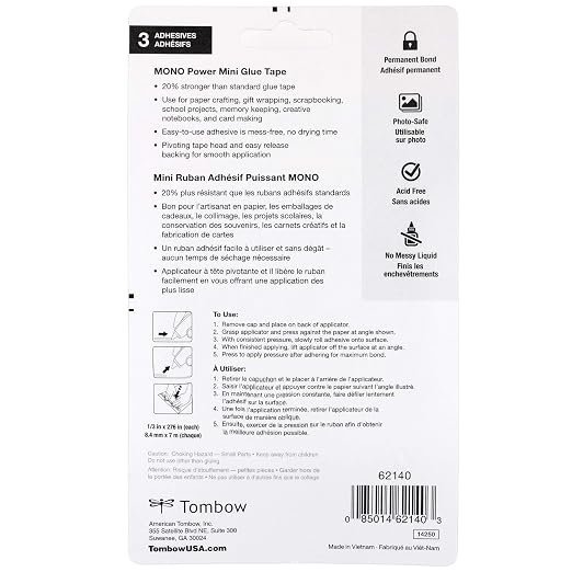 Tombow 62140 Power Mini Glue Tape, 3-Pack. Easy to Use Compact Applicators for Strong, Permanent Bond
