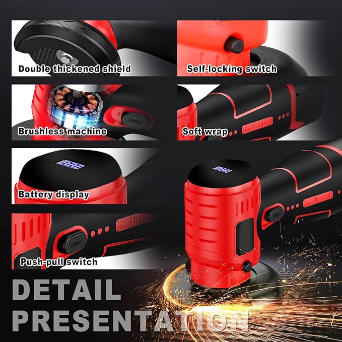 ZFULVO Cordless Angle Grinder Brushless Kit 19500rpm Cutting and Grinding | 3-Inch Mini Electric Angle Grinding Tool, 2x16.8V 2000mAh Battery & 6-Cutting Discs Grinder Handheld Cutter for Metal Wood