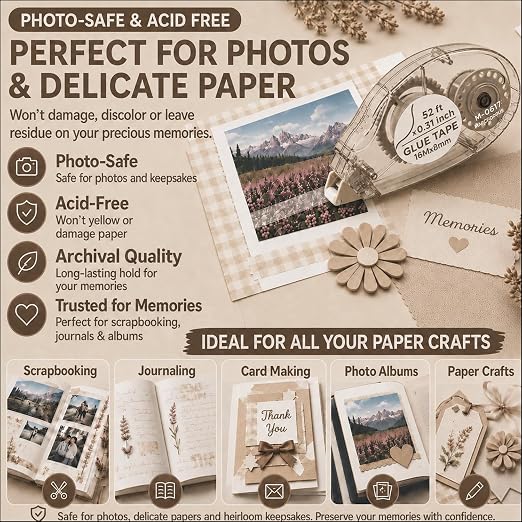 MARCADORUS Double Sided Tape Roller, Scrapbook Tape Runner Extra Long 52Ft | 52Ft x 0.31In Per Roller, 416Ft Total, Permanent, Acid-Free, Adhesive Photo Tape for Scrapbooking, Journaling & Paper Crafts