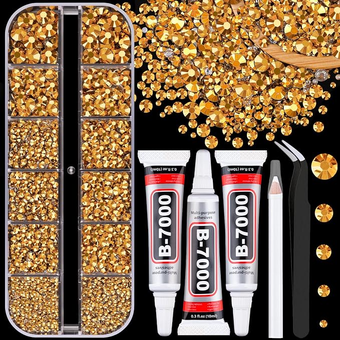 Resin Jelly Rhinestones for Crafting with B7000 Jewelry Glue, 1 Box Gold Flatback Crystal with 3Pcs 10ml Glue, Bedazzling Non Hotfix Gems for DIY Tumblers Clothing Shoes Manicure
