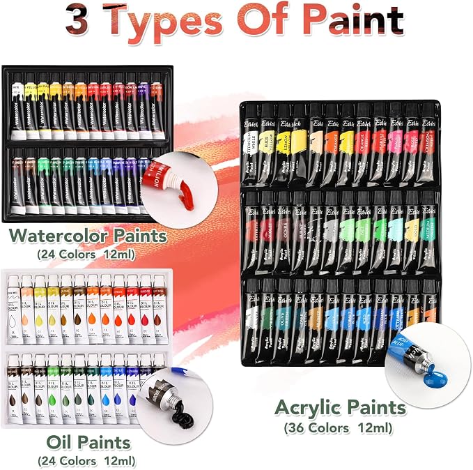 ESRICH 141PCS Deluxe Painting Set, Painting Supplies with 84 Paint | Art Painting Supplies Kit,Palettes and Canvas for Students, Artists and Beginner