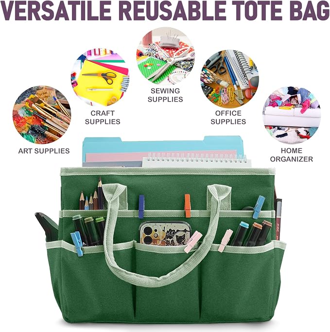 Cupohus Craft Organizer Bag, Green Art Supply Tote with Multiple Pockets