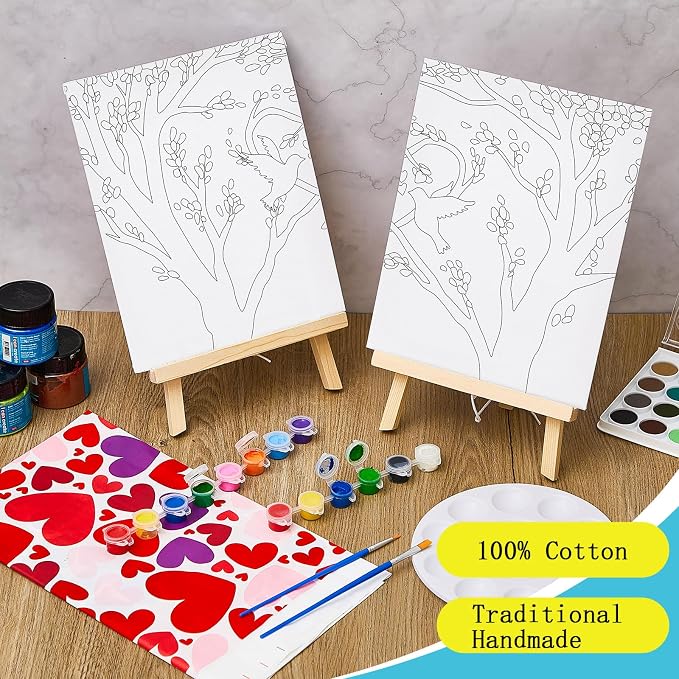 Yeaqee 13 Pcs Sip and Paint Kit for Adults Stretch Canvas Date Night Valentines Painting Kit Supplies Art Painting Set Outline Design Blank Stretch Canvas for Couple Party(Bird and Tree,10 x 8 Inch)